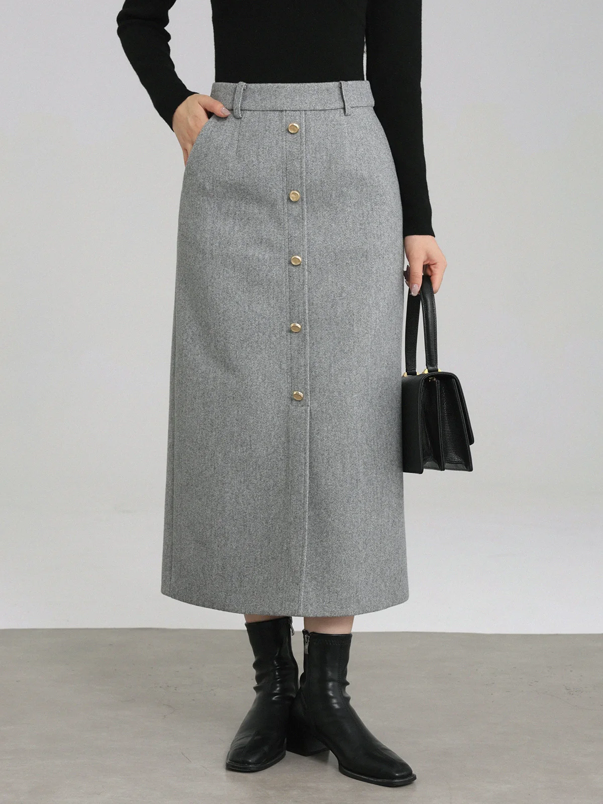 Elegant High Waist Wool-like Skirt Straight Midi Skirt Winter Warm Split Hem Petite Bodycon Skirt Women Fashion Casual Outfit