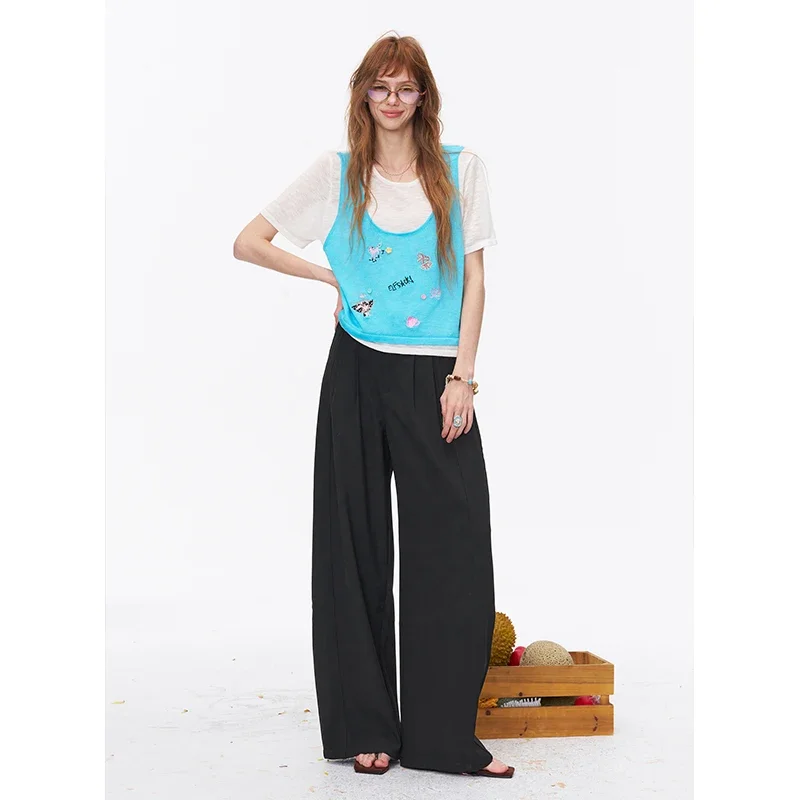 ELFSACK High Waist Pleated Wide Leg Trousers, Minimalist Casual Office Trousers for Women, Button Fly Loose Palazzo Pants