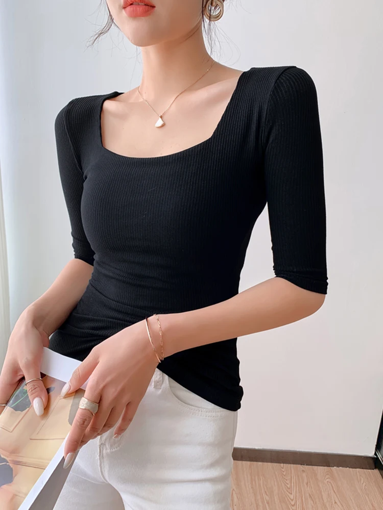 T-shirt Women Tees Black Gray Yellow Women\'s Summer T-shirt ribbed T-shirtHalf Sleeve Basic Casual Top Soft Tshirts Female White