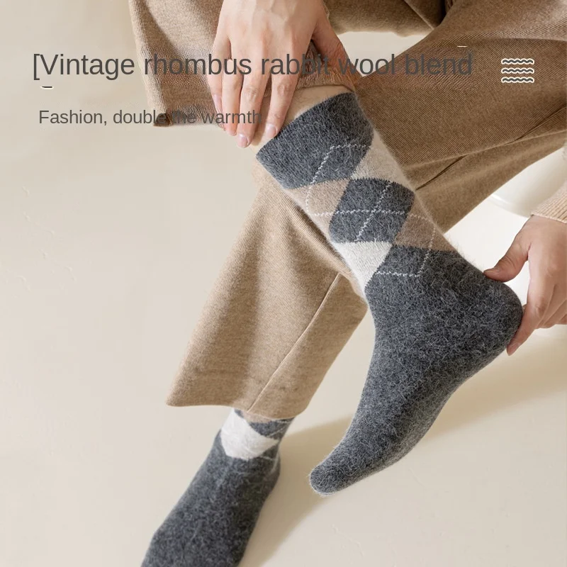 Sock Leisure Athletic Sports Crew Dress Rabbit Fur Cashmere Fleece Retro Checkered Thickened Warm Winter Extended Men B8W139