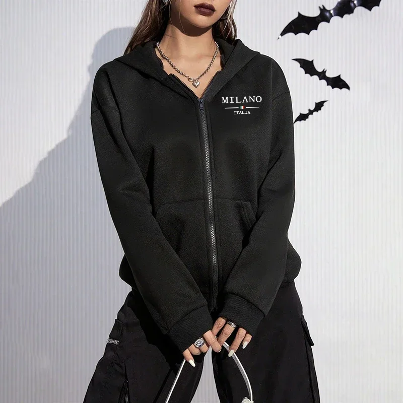 Italy Fashion Hoodie for Woman All Season Daily Casual Loose Zip-up Hooded Sweatshirts 2026 Female Urban Trend Coats Streetwear