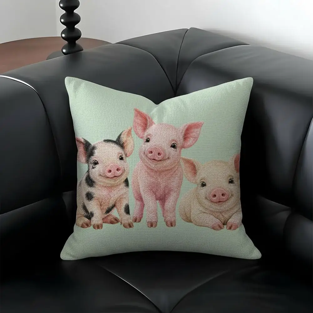 2d flat printing cute Pigs Cushion Cover Natural Linen Pillow Covers, Washable Cushion Cases for Sofa Bed Couch Decor