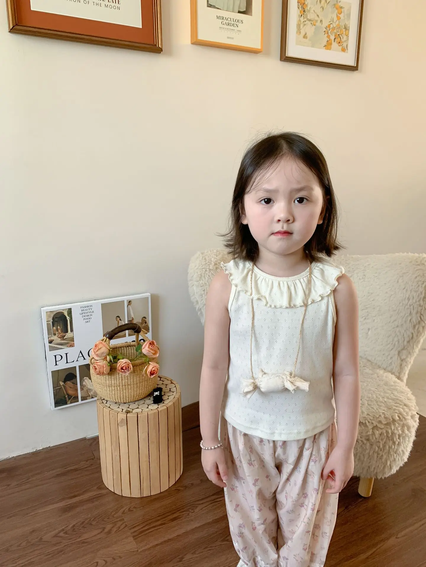 T-Shirts Childrens Clothing Girls Summer New Korean Vest Tops Baby Fashion 2024 Sleeveless Lotus Leaf Collar Simple