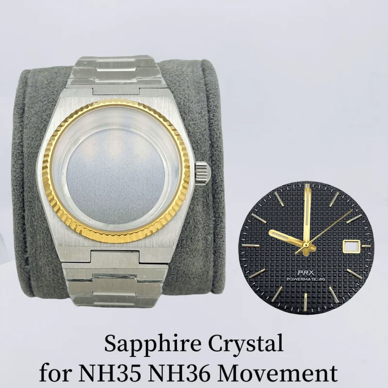 40 مللي متر الفضة الذهب حزام مجموعة ل تعديل PRX لاعب حافظة NH35 NH70 NH36/4R/7S حركة الياقوت الزجاج من خلال أسفل لا شعار