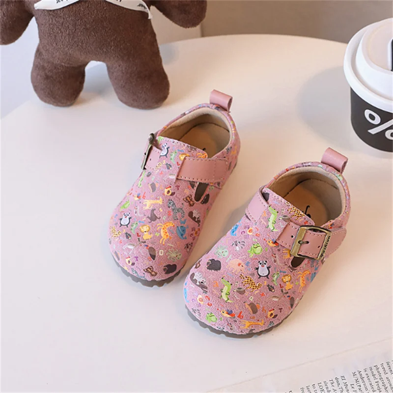 2024 New Children Shoes For Girls Leather Animal Pattern Barefoot Shoes Soft Sole Outdoor Tennis Fashion Kids Sneakers EU21-30