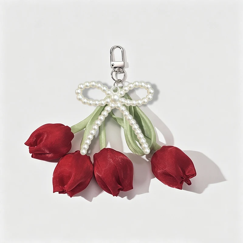 Sweet Tulip Keychain Fashion Ribbon Pearl Lace Bow Bag Accessories Tulip Mobile Phone Pendant Jewelry Style Keychain Decoration