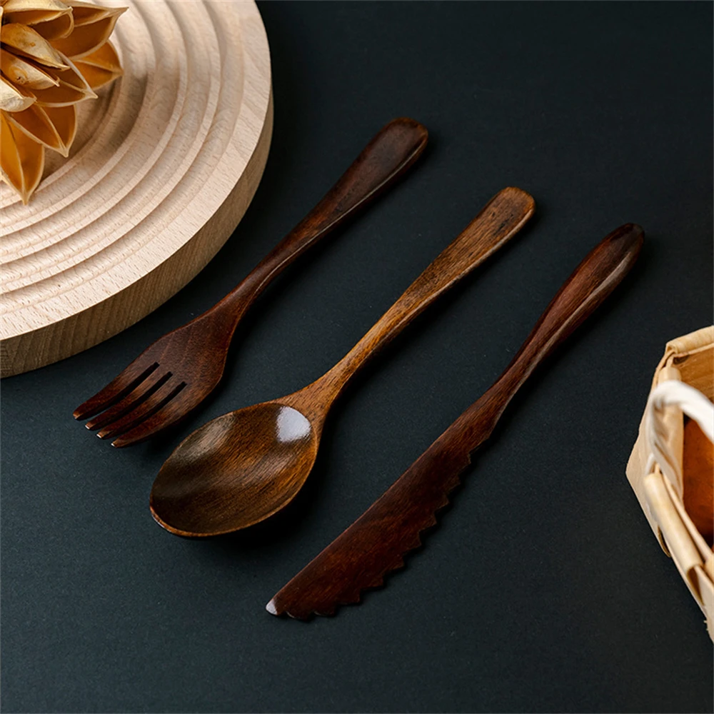 3Pcs Wooden Tableware Set Home Kitchen Cooking Fork and Spoon Natural Teak Table Knife Western Restaurant Coffee Spoon Tool Gift