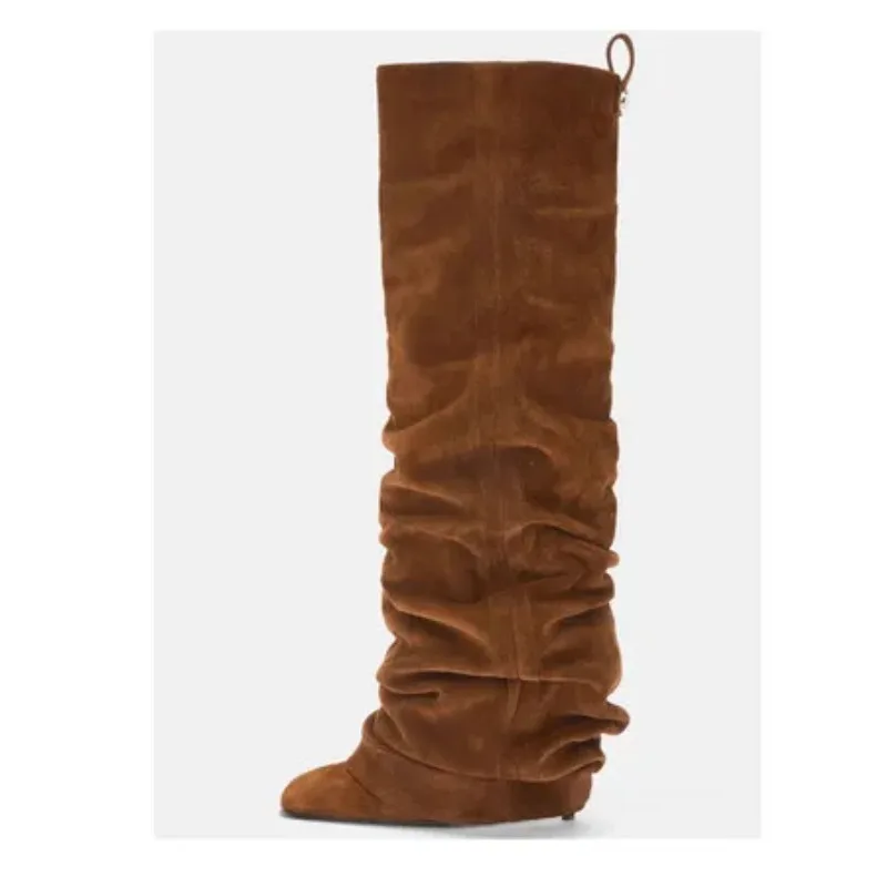 

Women's Frosted Pleated Boots Pointed Toe Stiletto Heels Side Zipper Large Size Long Boots Square Toe Fashionable Folding Boots