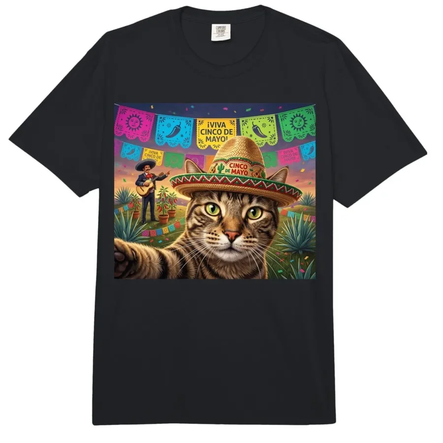 

Cinco de Mayo Cat Selfie with Mexican Fiesta Party T-shirt For Men Women 100% Cotton T Shirts Short Sleeve Tops 0403-2