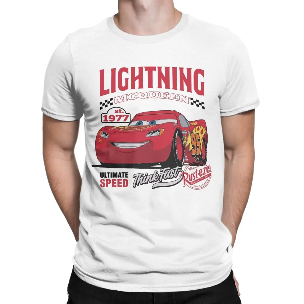 Men's T-Shirts Retro Lightning McQueen Cars Vintage Cotton Tees Short Sleeve T Shirts Crewneck Clothing Plus Size