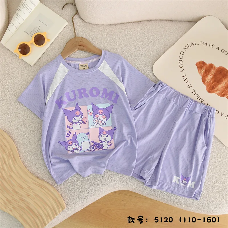 Anime Sanrios Cinnamoroll T-shirt à manches courtes pour filles, mode décontractée pour enfants, My Melody Kuromi, short de dessin animé deux pièces, mince, été