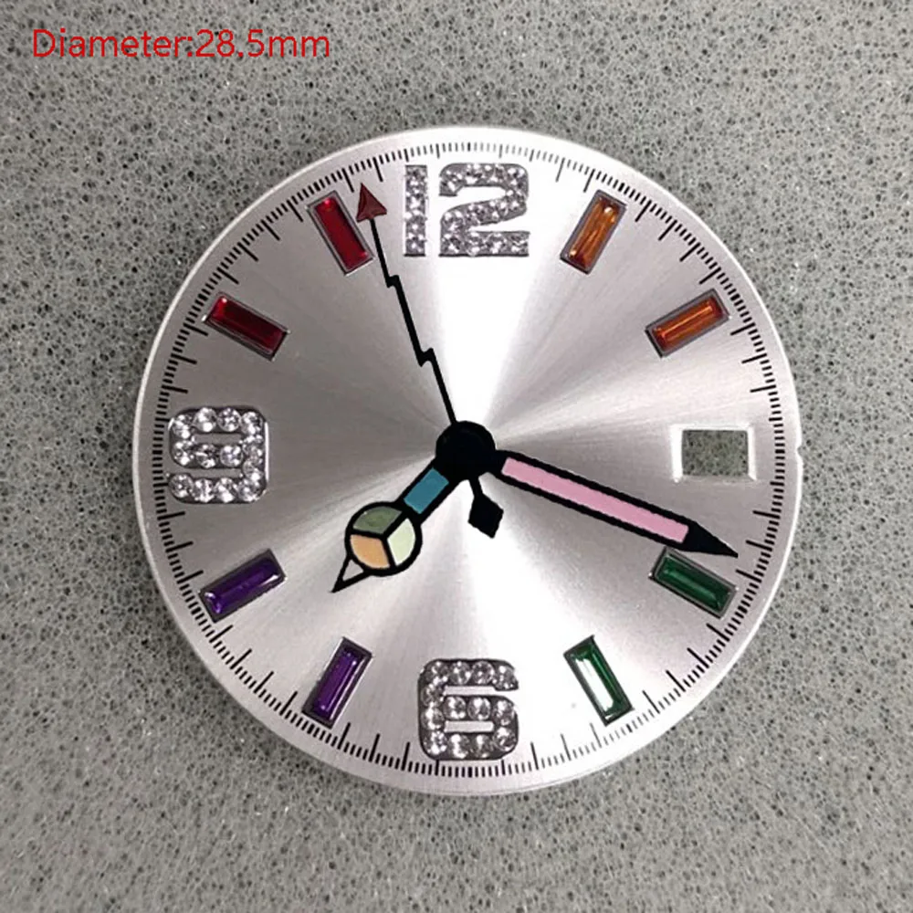 Quadrante NH35 da 28,5 mm verde blu diamante artificiale quadrante arabo Lancette arcobaleno per orologi con movimento automatico NH35 logo personalizzato