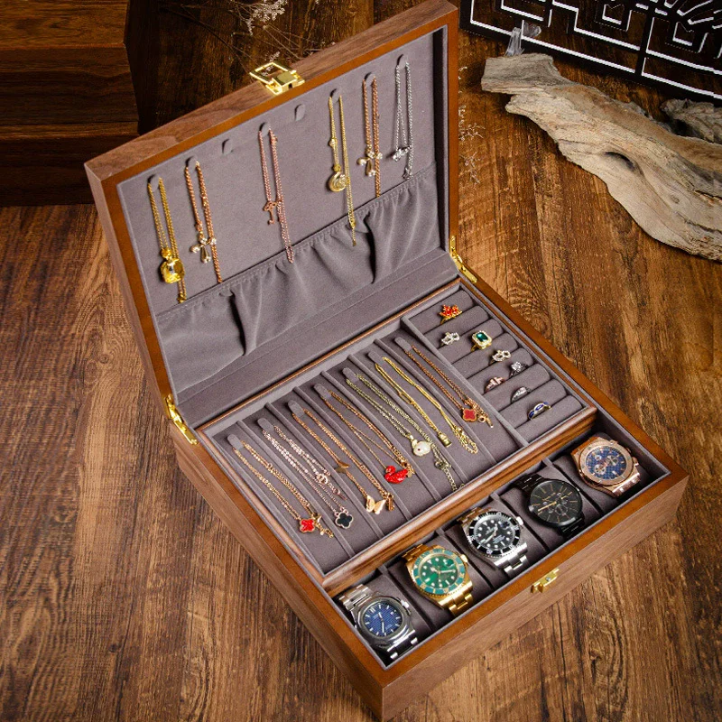 2 Layer Wooden Jewelry Box with for Women Men Vintage Wood Jewelry Organizer Storage for Earrings Watch Mother’s Day Gift