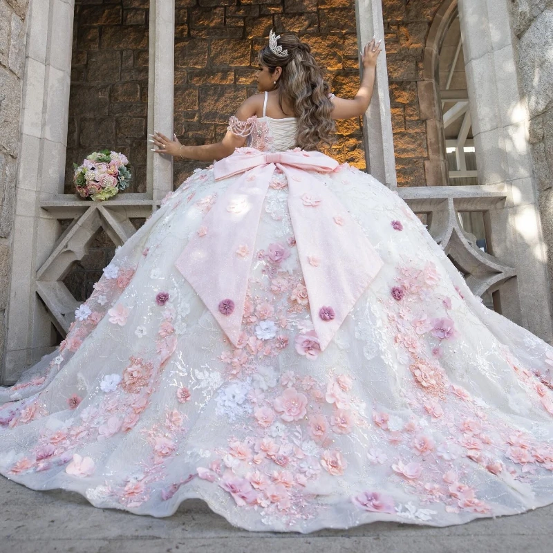 Lorencia Princess Pink Ball Gown Quinceanera Dress 2023 Flowers Appliques Beads Sweet 16 Dress corsetto Vestidos De 15 aecos YQD346