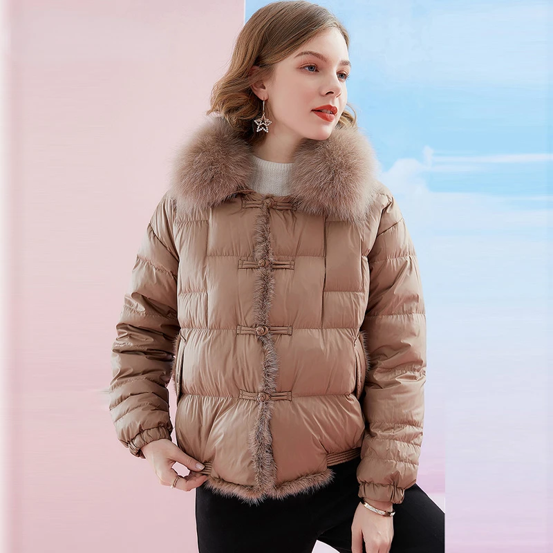 2023 New Winter Women Real Fox Fur Collar 90% White Duck Down Coat Female Short Warm Button Parkas Casual Puffer Jacket Coats