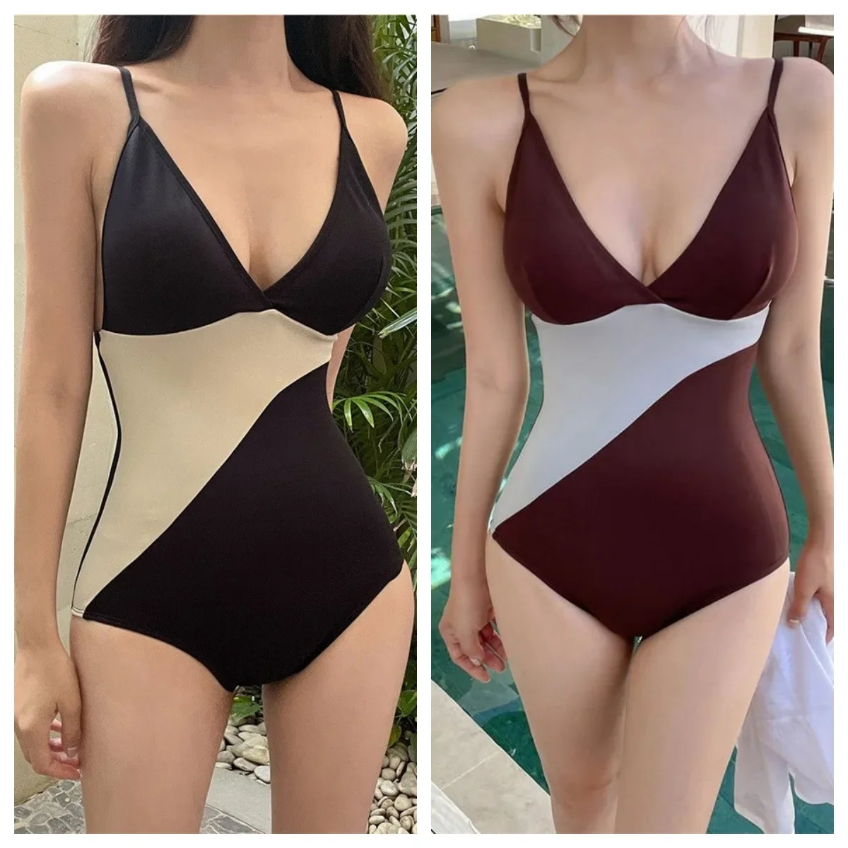 2024 Deep V One Piece Swimsuit Women Swimwear Sexy Patchwork Swimming Suit Korean Monokini Bodysuit Beach Wear Bathing Suit Pool
