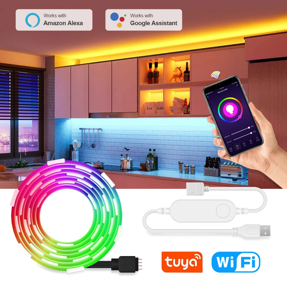 RGB LED Strip Light WiFi Tuya App Control works with Alexa Google 5V USB Flexible Ribbon Diode Tape for TV Backlight Room Deco