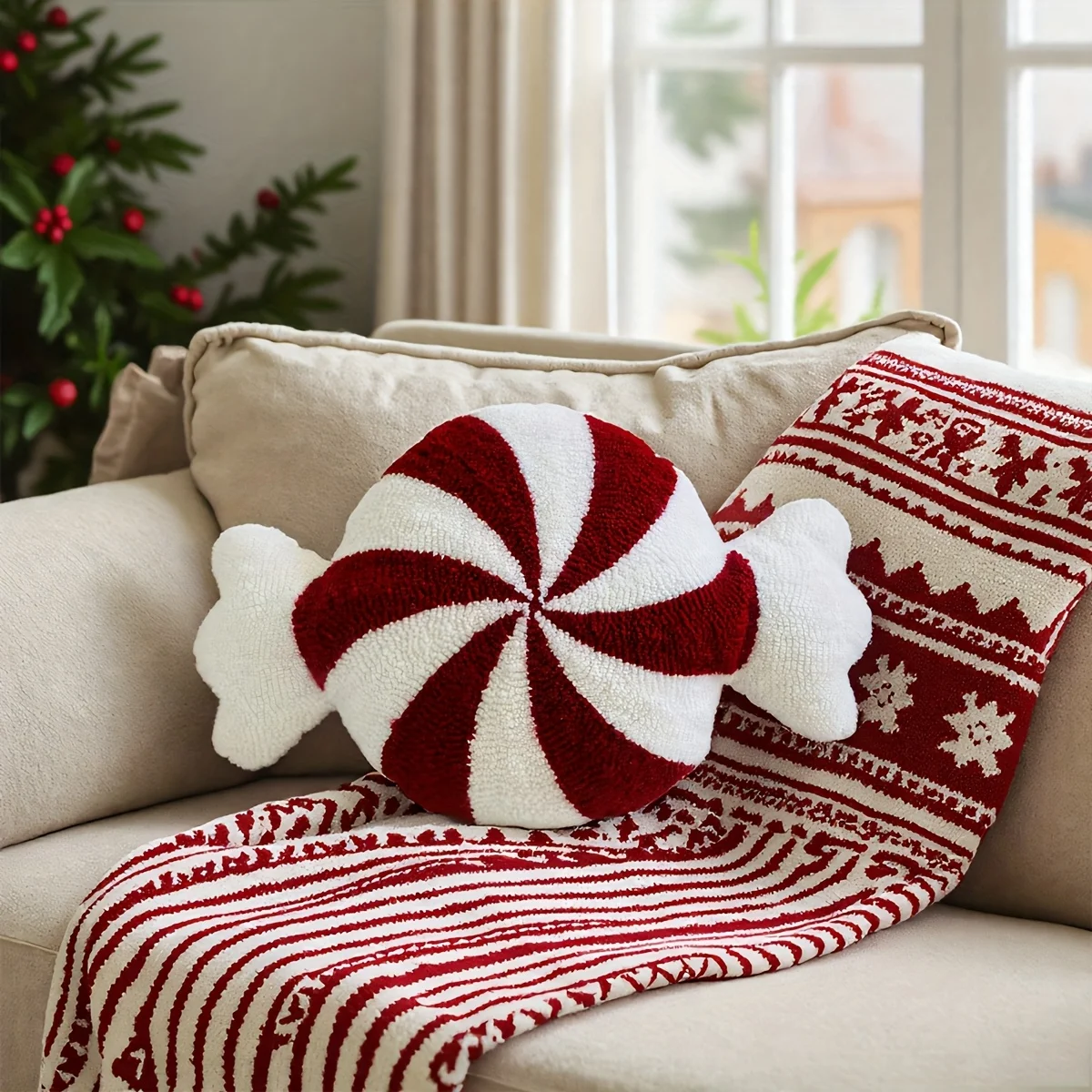1pc Handmade Pillowcase,Embroidered  Pillowcase, Christmas Limited Edition Shaped Candy,Cane,Windmill Cushion Cover