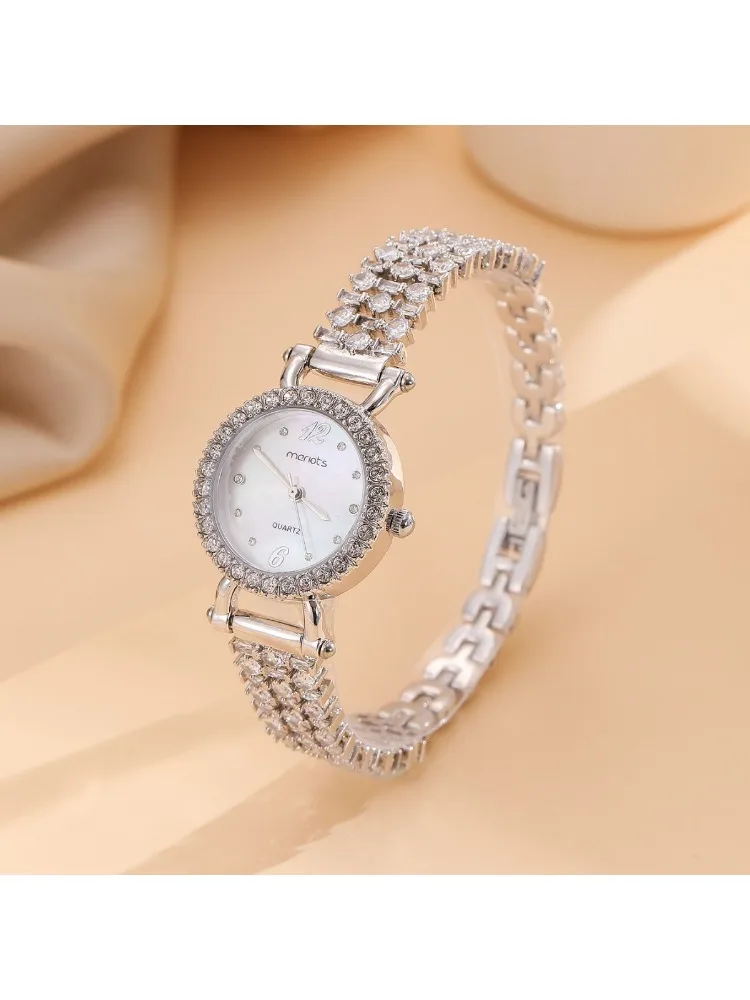 ساعة نسائية دائرية مرصعة بالألماس، ساعة كوارتز قابلة للتعديل بدون سحب #2