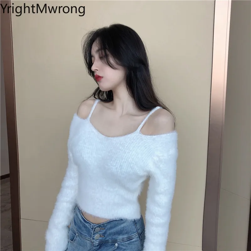 Off Shoulder Strap Soft Furry Faux Mink Cashmere Knit Sweater Women Sexy Fall Long Sleeve Crop Top Pullover y2k korean clothing