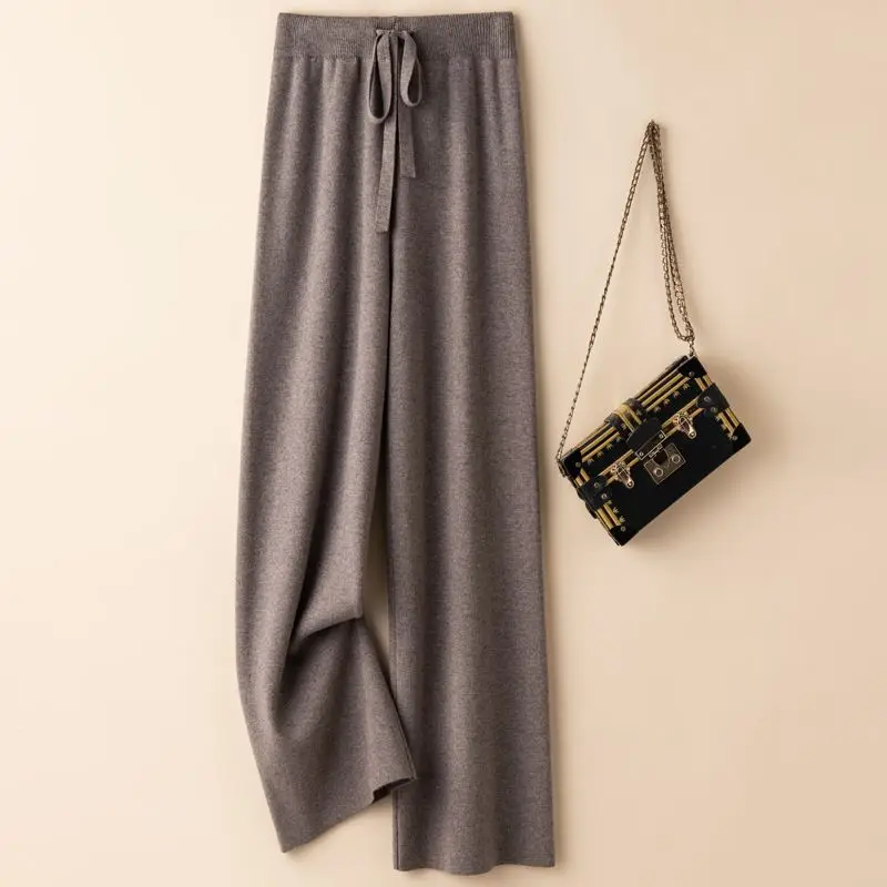 Thicken Knitted Women Warm Wide Leg Pants Streetwear Fashion Fall Winter Elastic High Waist Casual  Straight Trousers R76