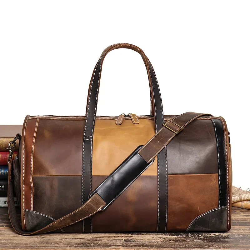 Men Women Leather Travel Bag for Women Men Soft Cowskin Duffle Bags Leather Hand Luggage Travel Shoulder Bags Weekender Bag