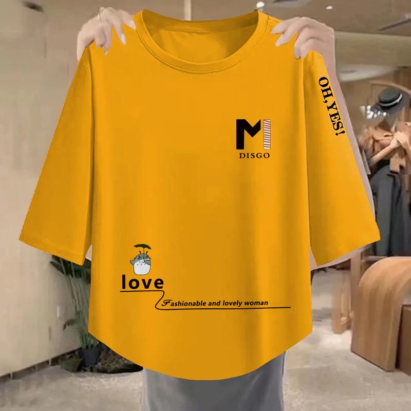 Simple Casual ort Sve round Ne T-irt Faionable Korean Sle Seven-Quarter Length Versatile Spring Summer New Arrival