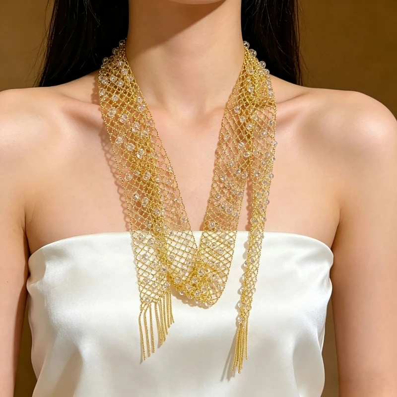 BELLUX Italian Crystal Woven Long Scarf Necklace Women's Lace S925 Pure Silver Electroplated Thick Gold Jewelry Sweater Chain