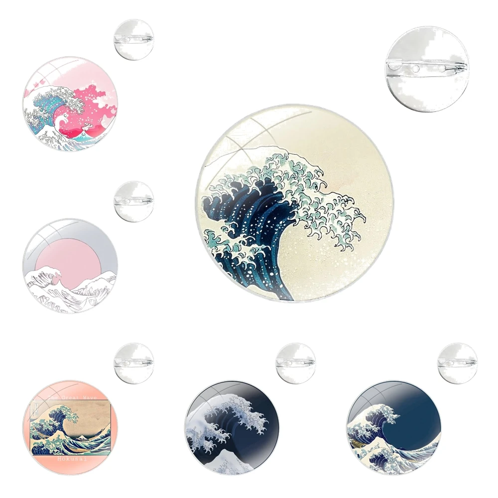 Glass Dome Brooches Shirt Lapel Bag Cute Badge Pins For Clothes Hat Accessories japan great wave