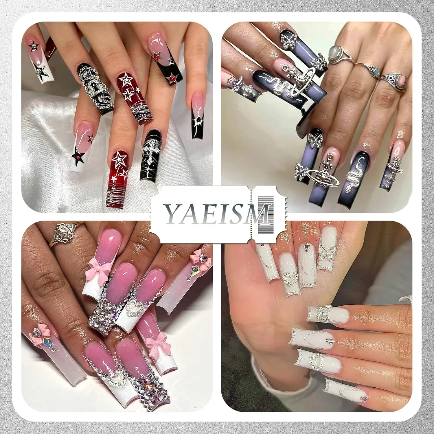 60 uds. De dijes de plata para uñas, dijes de corazón de cristal para uñas, dijes de aleación 3D cruzados para uñas, dijes de mariposa de Metal, gemas para uñas, diamantes de imitación