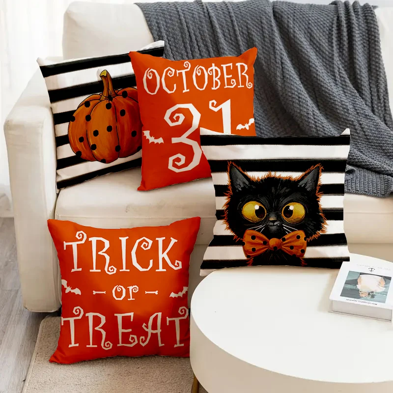 

Halloween Pumpkin Cute Cat Pattern Printed Square Pillowslip Soft Linen Blend Cushion Cover Pillowcase Living Room Home Decor