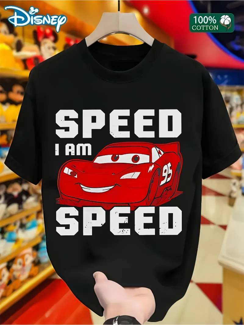 

Черная футболка Disney Car Lightning McQueen SPEED I AM SPEED с узором, мужская и женская повседневная гоночная футболка с коротким рукавом