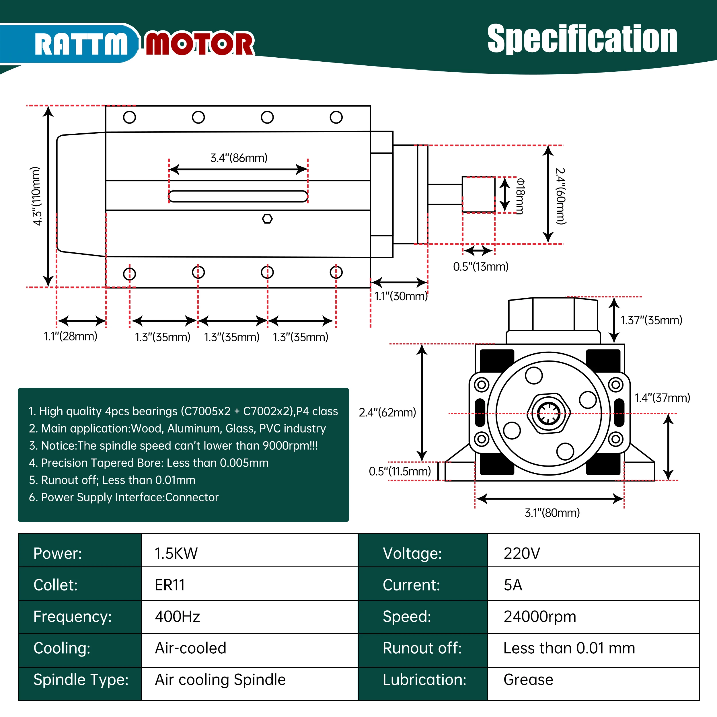 New CNC 1.5kw 220V Air-Cooled Spindle Kit 1500W Square Air Cooling Spindle Motor + 1.5KW VFD Inverter