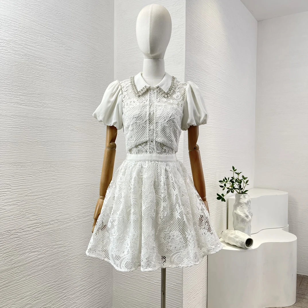 

Top Quality Women Sweet Pearl Mini Dress Ivory White Diamonds Lace Patchwork Hollow Out Short Sleeve Female Dresses for Party