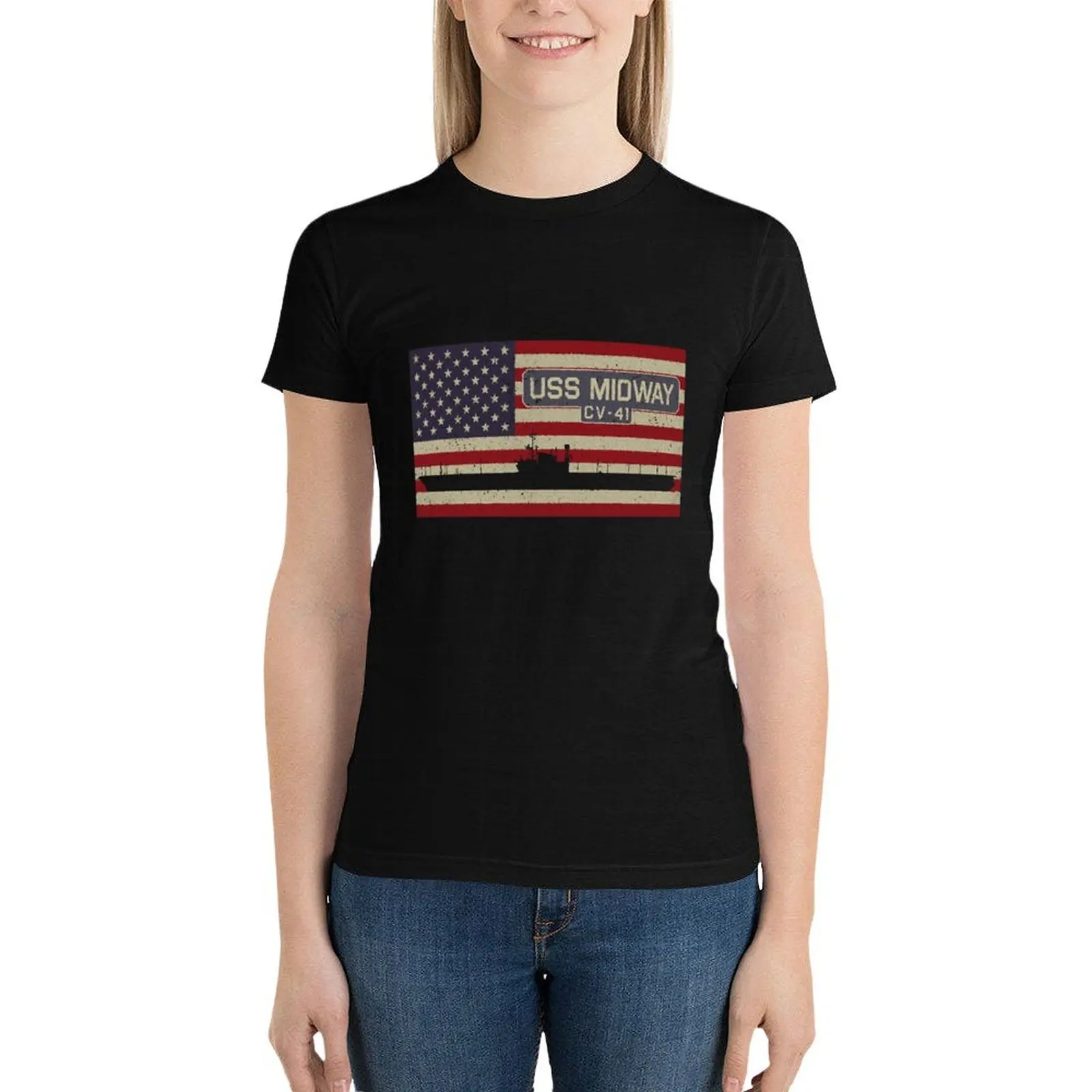 USS Midway CV-41 Aircraft Carrier Ship Vintage American Flag Gift T-Shirt graphics aesthetic clothes summer blouses woman 2024