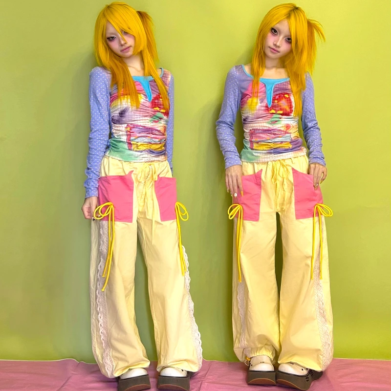 Original Design Sweet Yellow Lace Splicing Bowknot Women's Trousers Summer New Loose Slimming Versatile Wide-Leg Pants Ladies