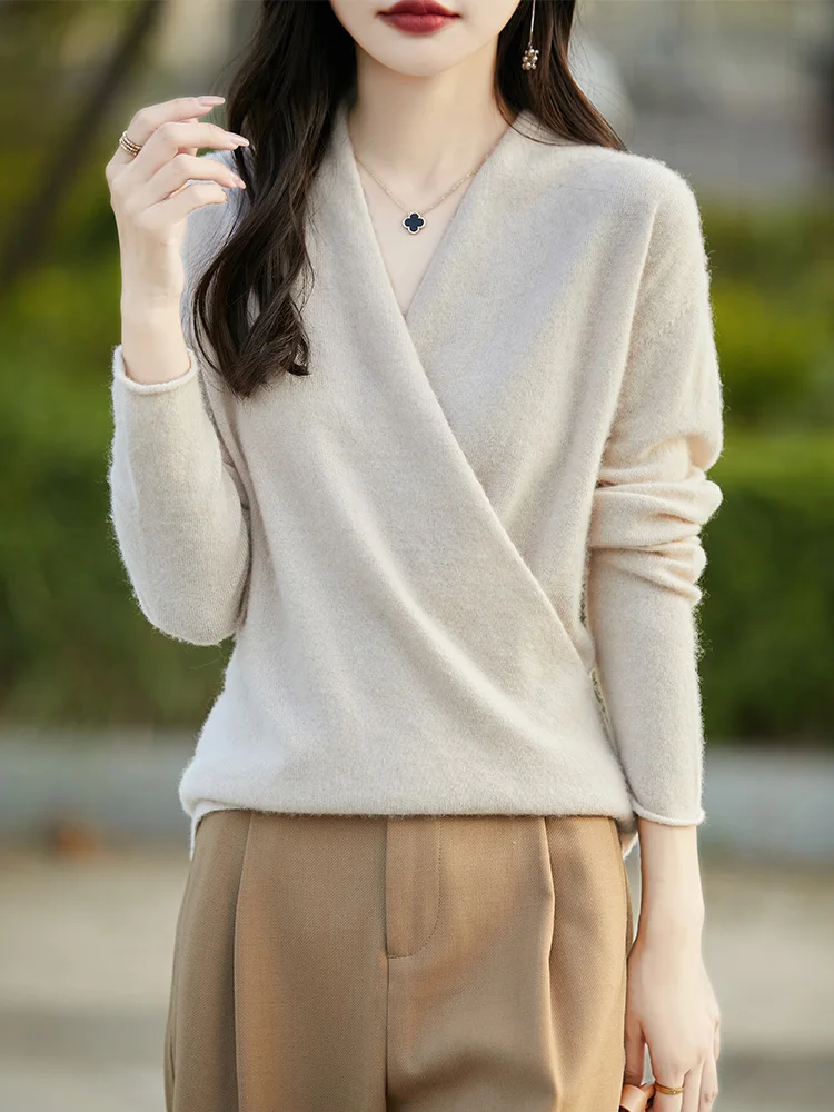 Femmes laine pull croix col en v pull automne hiver bureau dame 100% laine mérinos tricots chaud doux Style cachemire capote