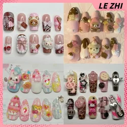 Kawaii 3D Bear Handmande Press On Fake Nails Sticker Coffee Pink Cream Style Almonds Customizable Party Cartoon Nail Sticker