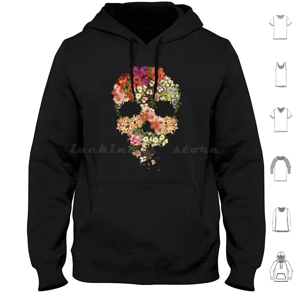 Cráneo Floral Decay Por Tobe Fonseca Sudaderas con capucha Manga larga Cráneo Flores florales Muerte botánica Halloween Cráneo floral