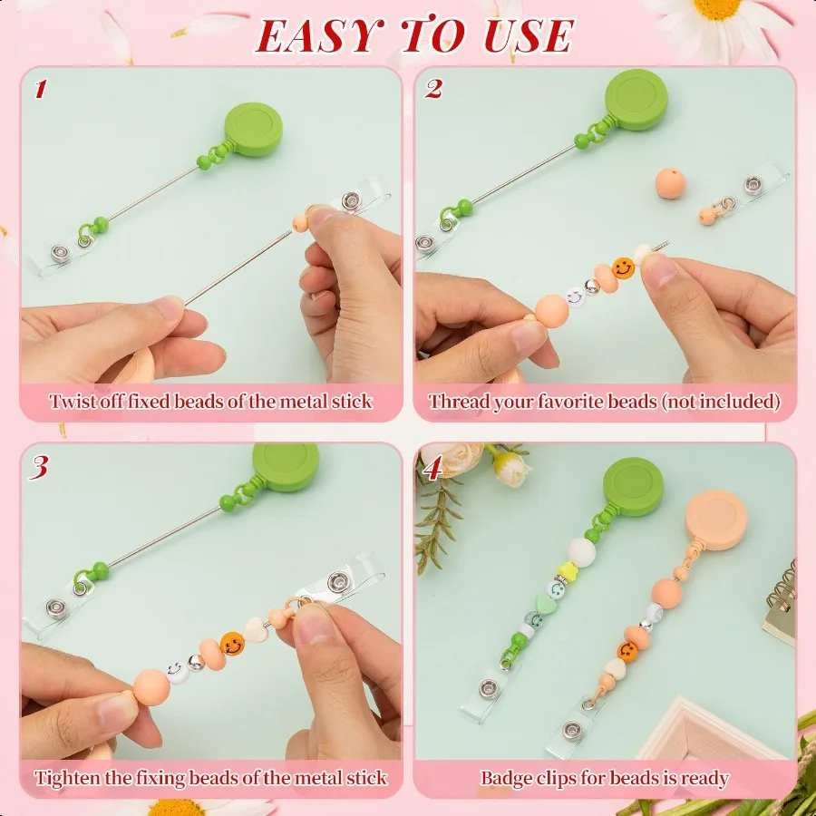 مطرز لتقوم بها بنفسك شارة بكرة عدة 9 قطعة بكرات شارة قابلة للسحب مقاطع للخرز شريط فارغ معرف اسم شارة حامل مع حزام لتقوم بها بنفسك Pr #5