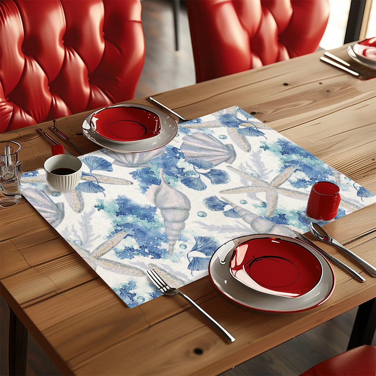 Ocean Shell & Starfish Pattern Polyester Placemats & Coasters - Decorative Table Linens for Home, Restaurant and Daily Use
