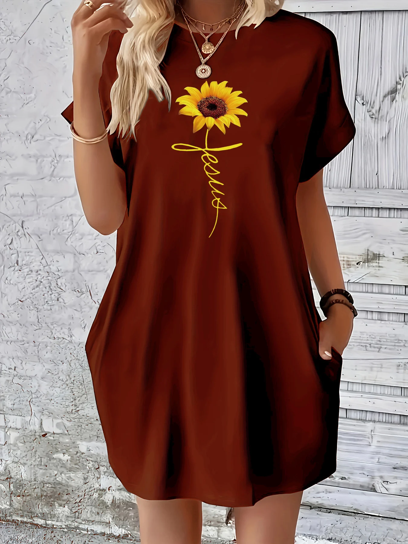 Women's Summer Loose Cross Sunflower Print Round Neck Short Sleeve Pocket Comfortable Casual Plus Size Dress