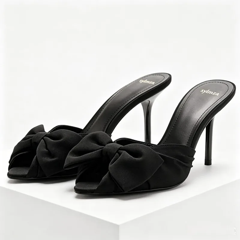 Black Butterfly Knot Decoration High Heel Slippers Women Sexy Peep Toe Slide Sandals for Ladies Summer Elegant  Heeled Sandals