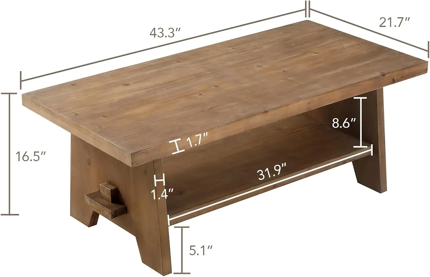 농가풍 나무 커피 테이블 - 거실용 43.4인치 미드 센추리 모던 목재 커피 테이블, 솔리드 전나무 테이블탑 직사각형 Co