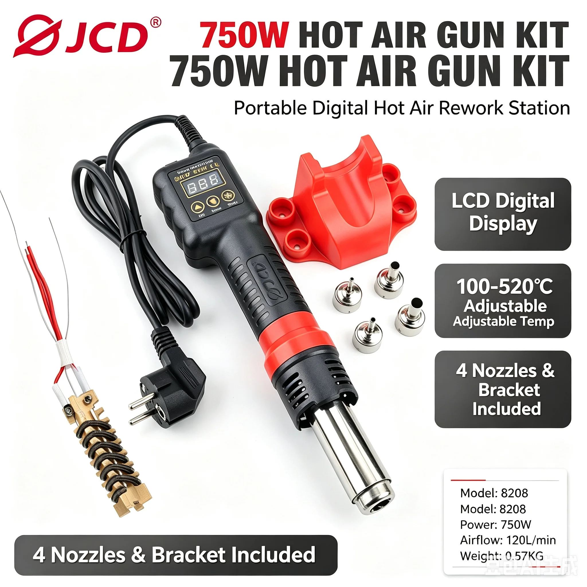 750W Mini Hot Air Soldering Station JCD 8208 Digital Temp Control Heat Gun Rework Kit For Mobile Mainboard IC Desoldering Repair Tools