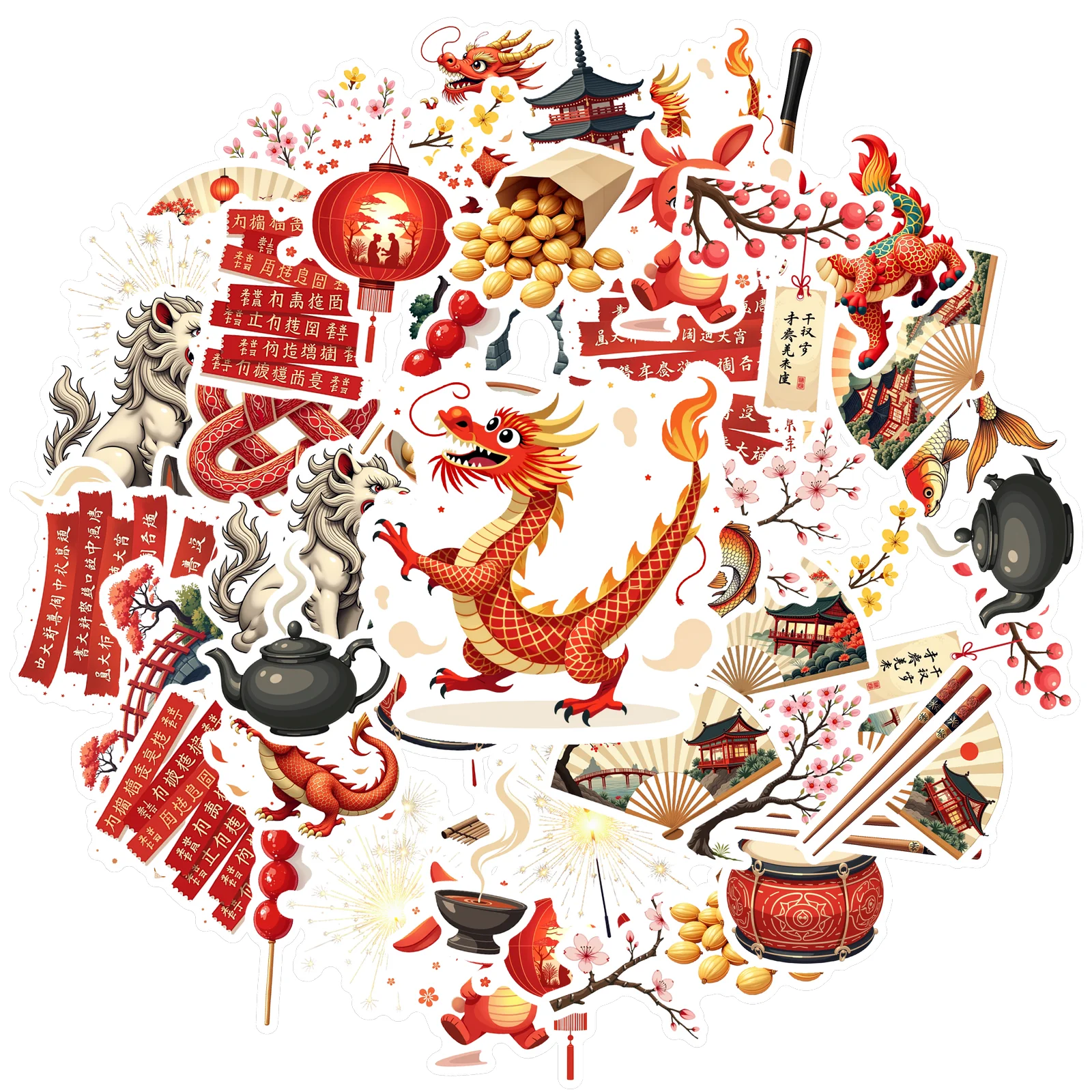 35pcs-100pcs Festive Chinese New Year Stickers Colorful Cultural Stickers Stationery Stickers For Guitar Laptop DIY