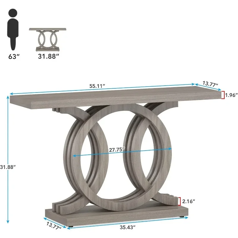 55 Inch Boerderij Gangtafel Met Geometrische Basis, Vintage Lange Smalle Banktafel Voor Woonkamer