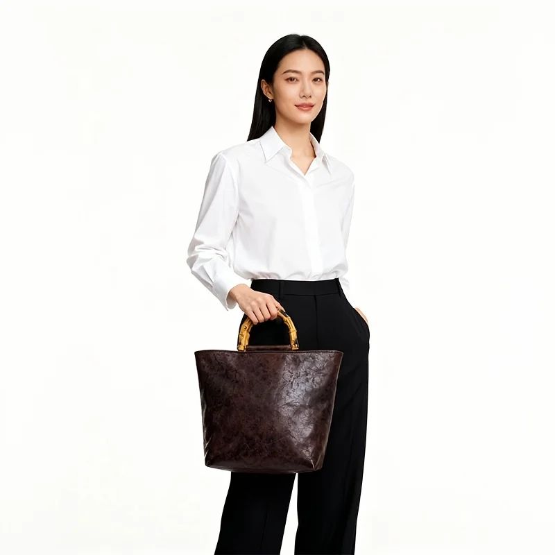 Vintage Distressed Cracked Large-Capacity Tote Bag for Women, High-Quality Faux Bamboo Handle Design, Dark Brown Vintage-Style - view 2