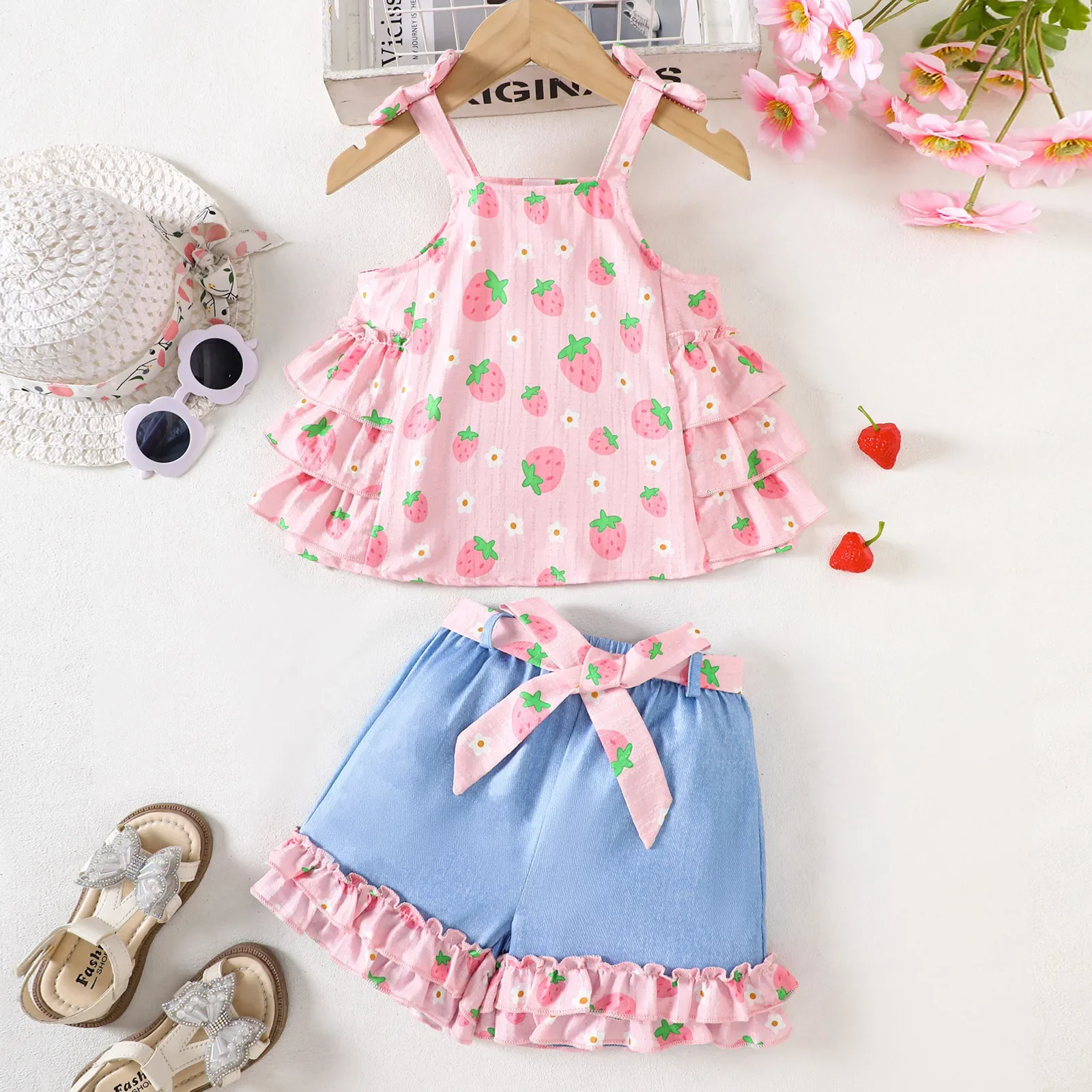 

2Piece 2025 Summer Toddler Girls Clothes Korean Fashion Cartoon Cute Print Sleeveless Cotton Baby Tops+Shorts Children Sets B063
