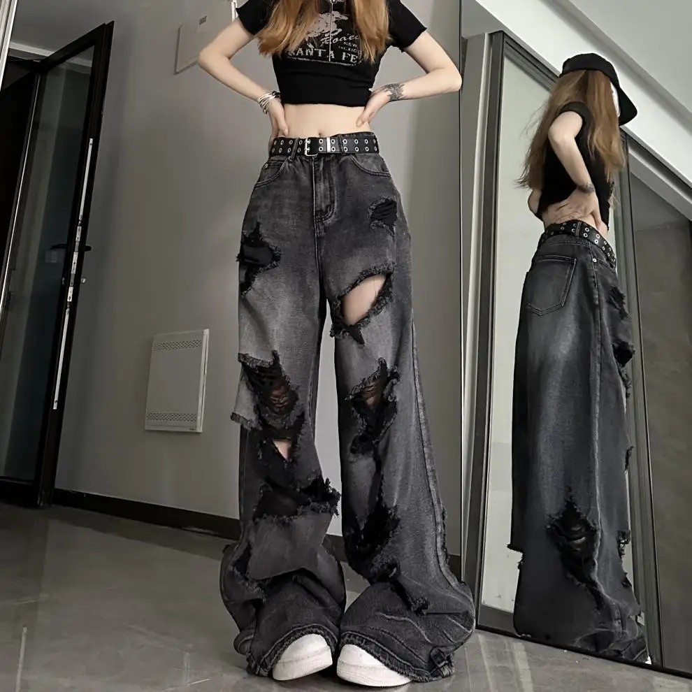 

2024 Autumn New Artistic Retro Jeans Fashion Street Trendsetters Dark Style Denim Piercing Wide Leg Jeans Pants Hot Girl